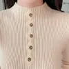 Jesień Pół Turtleneck Dzianie Bawełniane Sznurowanie Dress Casual Solidna Wysoka Talia Z Długim Rękawem Koronki Slim Midd Cielczy Sukienki 210423