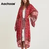 Floral Print Manteau Femmes Japon Style Longue Veste Avec Ceinture Col En V Manches Chauve-Souris Lâche Mince Survêtement D'été Plage Tops 210413
