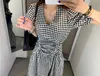 Elegant Retro Pliad Dress Summer Women V-Neck Puff Sleeve Drawstring Ruched Casual Vacation Robe 210519