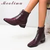 Women Boots Med Heel Ankle Zipper Chunky Shoes Square Toe Female Short Autumn Winter Brown Big Size 210517