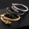 Punk Stainless Steel Matte Viking Wolf Dragon Charm Bangle Man Hip Hop Cable Wire Gold Animal Cuff Bracelet Men Jewelry 210713