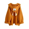 Women Hooded Cardigan Sweater Cartoon Applique Loose Medium-long Knitwear Coat Autumn Winter Knit Open Stitch 210422