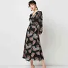 Femmes col en V Sexy fendu Robe élégante Vintage imprimé fleuri Boho longue décontracté lanterne manches dames Midi es Robe 210515