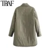 トラフの女性ファッションポケットパッド入りゆるい薄いジャケットコートヴィンテージロングスリーブサイドベントメスアウターウェアシックオーバーシャ​​ツ210916