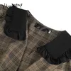 Yitimuceng xadrez faixas vestidos vintage mulheres mini uma linha primavera alta cintura sopro manga peter pan colar senhora de escritório 210601