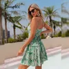 Vert Spaghetti sangle imprimer femmes robe décontracté plage été robe d'été courte Sexy col en v taille haute sans manches Vestido 210414