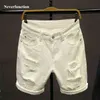 Summer white Men Ripped Loose Straight Jeans Short Fashion Hip hop Bermuda Holes male Solid color Casual Beach Denim shorts 210713
