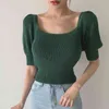 Leite sem encosto de malha camisetas feminino coreano chique quadrado colar de sopro manga mulheres colheita de verão casual slim t-shirt 210514