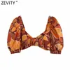 Zevity Women Tropical Floral Print Kort Blus Kvinna Puff Sleeve Elastiska Slim Skjortor Buckle Blusas Chic Boho Crop Tops LS9318 210603