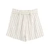 Kvinnor Elegant Mode Striped Shorts With Belt Vintage Zipper Fly Fickor Korta Byxor Ladies Chic Pantalones Cortos 210520