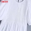 Tangada Women Elasitc Pleated White Summer Dress Chic Fashion Vintage Puff Sleeve Female Midi Dresses BE525 210609