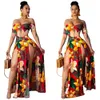 Printed Summer Beach Maxi Dress Strapless Off Shoulder Sexy High Slit Sundress Womens Robe Hollow Out Long DressesCasual Fashion Versatile Style