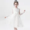 Menina tule bordado penas vestido elegante aniversário bebê princesa festa branca cinza moda para adolescente 210529