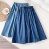 SURMIITRO Spring Summer Women Vintage Chinese Style Buckle Blue High Waist Sun School Knee Length Midi Female Denim Skirt 210712