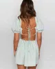 Zomer vrouwen plaid cut-out lace-up backless mini jurk femme bladerdeeg mouw dagelijkse bandage jurk dame casual kleding nieuwe 2xl 210415