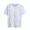 Kvinnor Chic Fashion Purple Ruffled Solid Blusar Vintage O Neck Kortärmad T-shirts Casual Girls Chic Toppar 210520