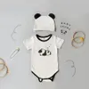 Yenidoğan Bebek Kız Pamuk Panda Baskılı Desen Bodysuit Yaz Yeni Toddler Boy Panda Kuyruk Dekorasyon Bodysuits + Panda Kulak Şapka 210413