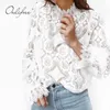 Summer Women Basic Tops Long Sleeve Sexy See Through White Lace Blouse Shirt 210415