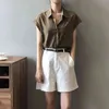 Tunik Gömlek Kadınlar Turn-down Yaka Tek Göğüslü Tops Bluz Basit Streetwear Kolsuz Tank Kızlar Gevşek 210601