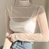 Kvinnors Blusar T-shirts Womengaga Transparent Mesh Turtleneck Topp Kvinnor Sexig Långärmad Blus Tight Thin 2021 Höst Sunscreen Bottom Shi