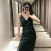 Vuwwyv Green Satin Slip Sukienki Dla Kobiet Lato Sexy Backless Party Midi Sukienka Kobieta Draped Camisole Ladies Vestidos 210430