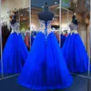 2022 Nya Sexiga Fashion Appliques Blå A-Line Quinceanera Klänningar Tulle Lace-Up Sweet 16 Dress Debutante Prom Party Klänning Anpassad