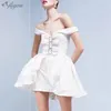 Women's V-neck Sleeveless Mini Diamond Button Ruffle Sexy Celebrity Party Dress for Summer White Casual 210525