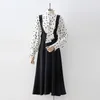 Women Set Tow Pieces Black Sleeveless Button Strap Skirt Bow Collar Long Sleeve Polka Dot Top T0444 210514