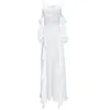 Kadınlar Plaj Tatili Beyaz V Yaka Straplez Spagetti Kayışı Flare Uzun Kollu Fırfır Maxi Elbise Tatil D2293 210514