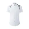 Minglu White Mens Shirts Luxury Short Sleeve High Density Embroidery Dress Metal Button Slim Fit Casual Male Men's