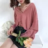 Kvinnor Rosa Chiffon Office Lady Full Sleeve Solid V Neck Shirt Blouse Long Top B0165 210514