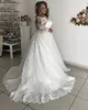 Plus Rozmiar Linia Sukienka ślubna Ivory 2022 Bateau Neck Lace Długi Rękaw Aplikacje Bow Sash Hollow Powrót Ogród Bride Suknie Kraj Suknie Ślubne Szata De Mariage