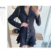 Elegant Women Korean OL Work Dress Fashion Notched Collar Single breasted Casual Office Ruffles 210603