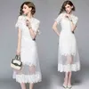 Summer Flower White Lace Patchwork Mesh Hollow Out Long Women Tulle Gauz Plus Size Dress Vestidos 210416