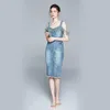 夏のファッション女性デニムドレスドットメッシュパッチワークRuffle Jean Esセクシーストラップレスvestidos 210531