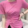 Solid Basic Short Sleeve Kvinnor Tshirt Casual Folds Diamond Fashion Crop Top T Shirt Ladies Koreanska Tee Y2K Toppar 210507
