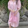 Korjpaa Kvinnor Klänning Korea Chic Sommar Fransk Elegant Orange V-Neck Edge Single-breasted High Waist Loose Vestido Kvinna 210526