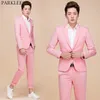 Mäns 2 stycken rosa kostymer (jacka + byxor) Märke Slim Fit One Button Bröllop Brudgummen Tuxedo kostymer med byxor Terno Masculino 210522
