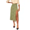 Mode vintage kjol blomma polka dot print hög midja stretch split långa a-line kjolar för kvinnor strand maxi kjol 210514