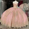 2021 Prinses Blush Roze Quinceanera Jurken Baljurk Puffy Sweetheart Gold Kant Applicaties Crystal Beaded Sweet 16 Party Prom Dress Avondjurken Corset Terug