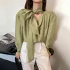 Minimalist Yeşil Bandaj Bluz kadın Yaz Kazık Collor Büyük Boy Uzun Kollu Gömlek Kadın Gelgit 5C930 210427
