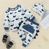 2021 0-18M Casua Infant Boy Clothes Set Whale / Dinosaur Print Lange Mouw T-shirt + Broek met Zakken + Hoed Lente Herfst 3 stks