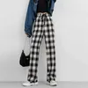 Vår Höst Vintage Plaid Kvinnors Byxor Ritning Hög Waist Office Lady Chic Wide Le Loose Long Pocket 210428