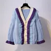 Nomikuma Sweet Korean Sweater Cardigan Autumn Winter New Women Knitwear Hit Color Ruffle Lace Patchwork Pull Femme 6C071 210427