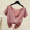 Fancy Knitted Sweater Women Elegant Summer Thin Short Sleeve Square Backless Chic Shirts Vintage Streetwear Sweaters Pull 210604