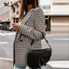 Women's Suits & Blazers Women Plaid Double Breasted Long Sleeve Loose Blazer Notched Elegant Office Ladies Tops Casual Streetwear Autumn Fas