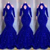 2023 Robes De Bal Sexy Bleu Royal Velours Bling Cristal Paillettes Manches Longues Sirène Robes De Soirée Élégant Hors Épaule Trou De Serrure Femmes Robe Formelle