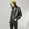 Femmes mousse veste automne mince à manches longues col rabattu noir Biker Moto cuir manteau dames fermeture éclair Pvc Punk vêtements d'extérieur 210525