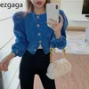Ezgaga Streetwear Jacket Women Spring Fashion Corduroy Outwear Single Breasted Solid Puff Sleeve Crop Tops Elegant Coats 211014