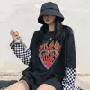 Korea ins Harajuku streetwear black and white checkerboard flame print top fashion women's fake two loose long-sleeved T-shirts 210608